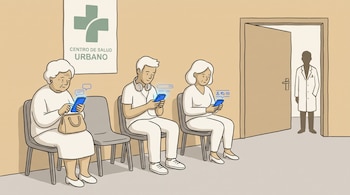 Ilustración de tres personas sentadas en una sala de espera mirando celulares junto a un cartel institucional y un médico.