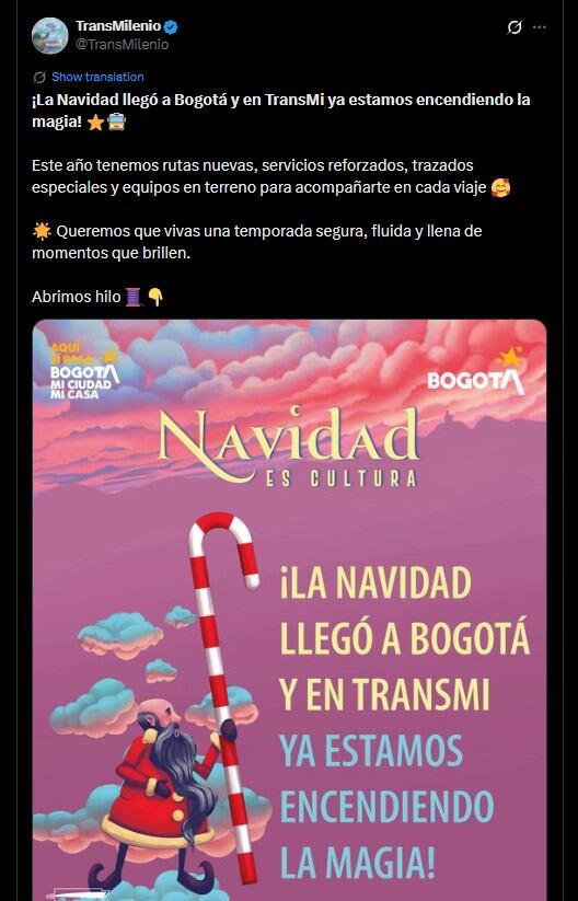 La ruta navideña M09–H09 conecta el Portal Tunal con el Museo Nacional, facilitando el acceso a eventos y alumbrados - crédito @TransMilenio/X