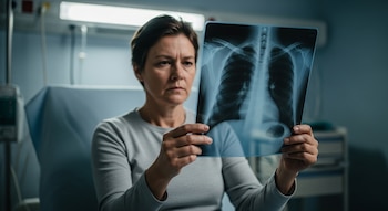Mujer sentada en sala de hospital sostiene radiografía de tórax con silueta de pulmones. Fondo desenfocado con equipamiento médico.