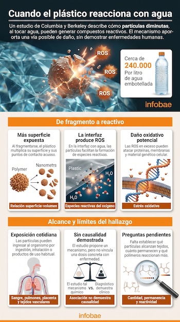 Infografía con gráficos de partículas microscópicas, moléculas de agua, una botella, una silueta humana y bloques de texto explicativo.