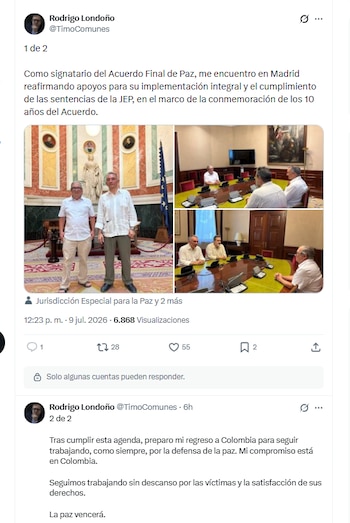 El presidente del partido Comunes, Rodrigo Londoño, entregó detalles de su viaje a España - crédito @TimoComunes/X
