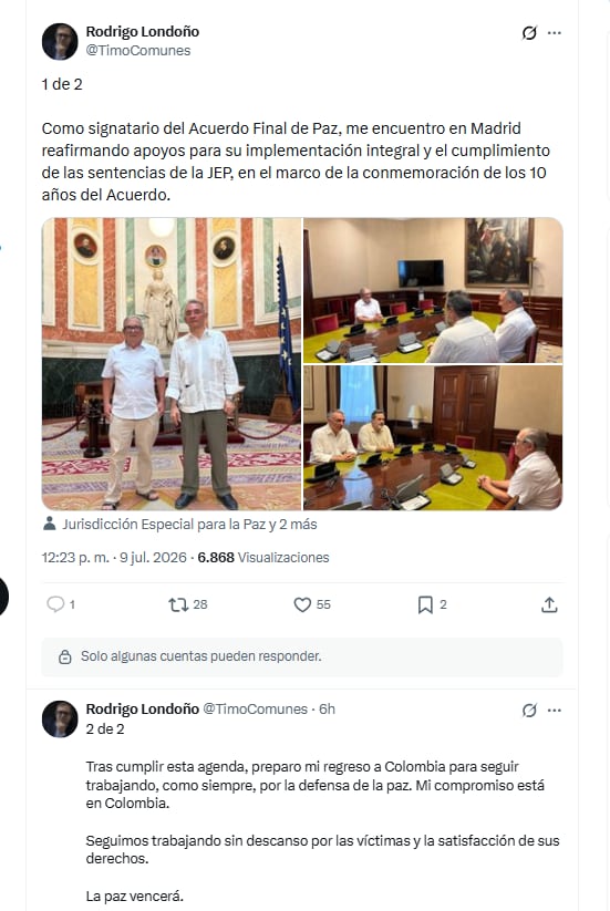 El presidente del partido Comunes, Rodrigo Londoño, entregó detalles de su viaje a España - crédito @TimoComunes/X