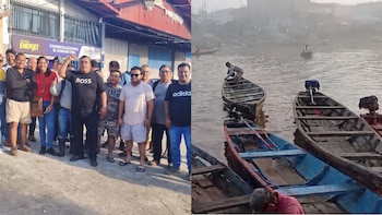Imagen dividida que muestra a un grupo de personas en la calle y varias embarcaciones de madera en un río con personas en ellas y orilla al fondo