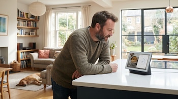 Hombre barbudo de mediana edad sonríe mientras mira una pantalla Google Nest Hub con una receta en la encimera de una cocina luminosa. Un perro duerme al fondo.