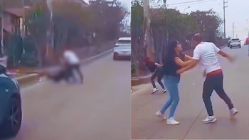 Dos capturas de video muestran a un hombre forcejeando con una mujer en una calle