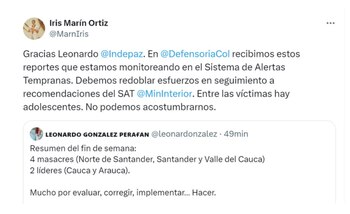 Con este mensaje, la defensora del Pueblo, Iris Marín, y su preocupación por el aumento de las masacres en Colombia - crédito @MarnIris/X