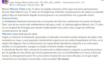 Captura de pantalla de una publicación en red social con texto sobre el fallecimiento de la cantante Bonnie Tyler en Portugal