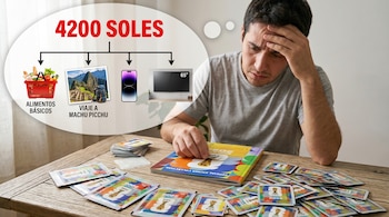Hombre preocupado mira un álbum Panini y figuritas en una mesa. Una burbuja muestra "4200 SOLES" y opciones de gasto: alimentos, Machu Picchu, smartphone, TV.