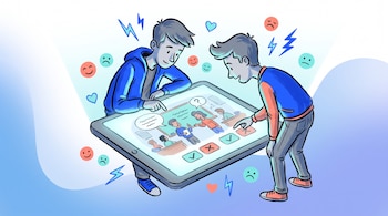 Dos adolescentes interactuando con una tableta. La pantalla muestra personajes, burbujas de diálogo, marcas de verificación y aspas. Íconos de emociones flotan alrededor.