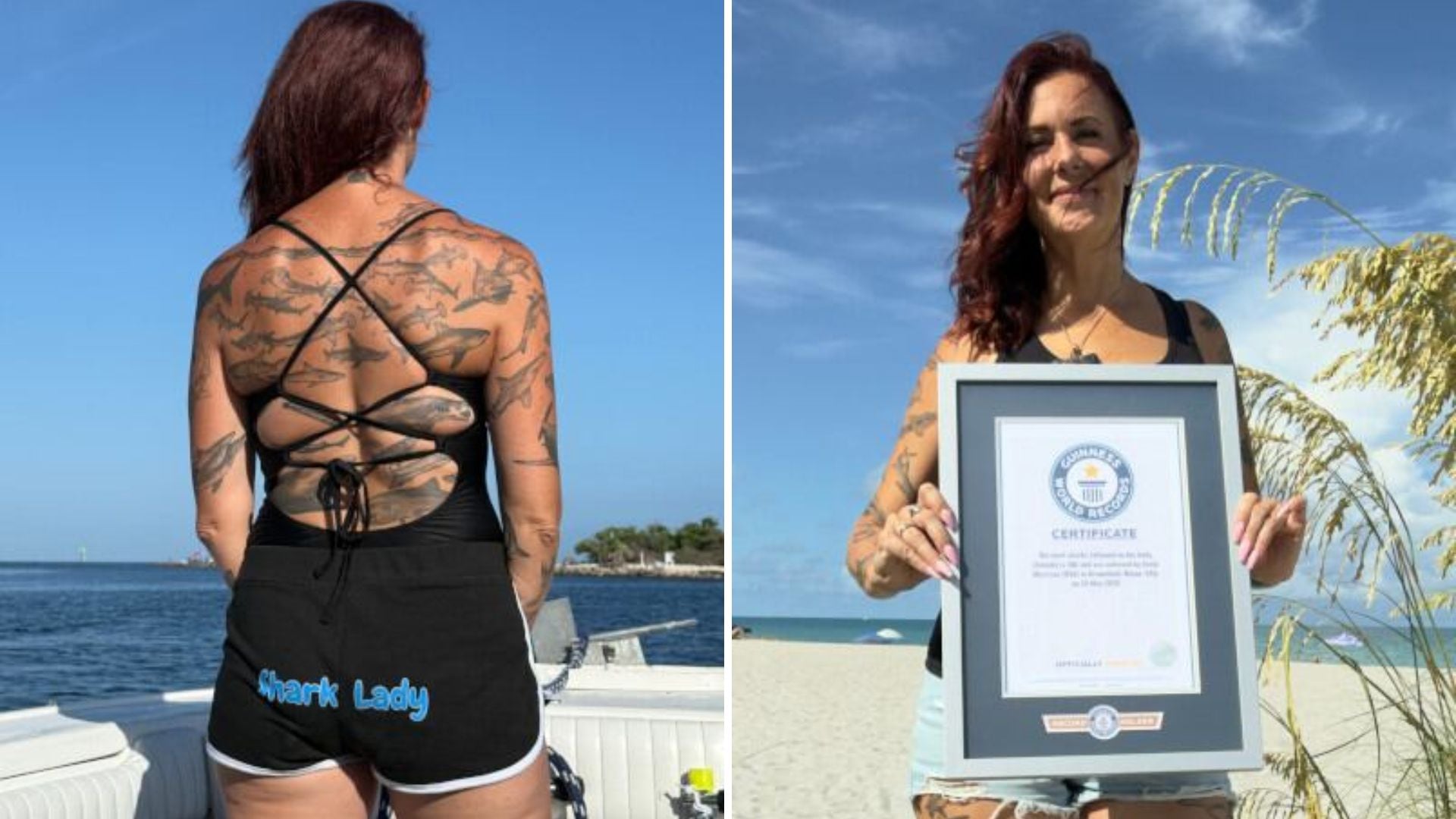 La bióloga que convirtió su fascinación por los tiburones en 106 tatuajes y rompió un récord Guinness