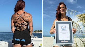 La bióloga que convirtió su fascinación por los tiburones en 106 tatuajes y rompió un récord Guinness