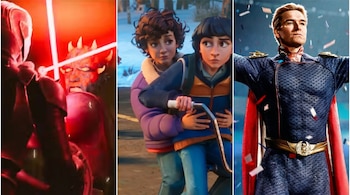 Tres imágenes unidas: Darth Maul y General Grievous con sables de luz rojos, dos jóvenes en bicicleta en la nieve, y Homelander en su traje.