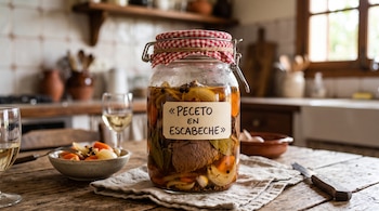 Un frasco de vidrio con una etiqueta de peceto en escabeche junto a un tazón de verduras, un cuchillo y copas de vino sobre madera.