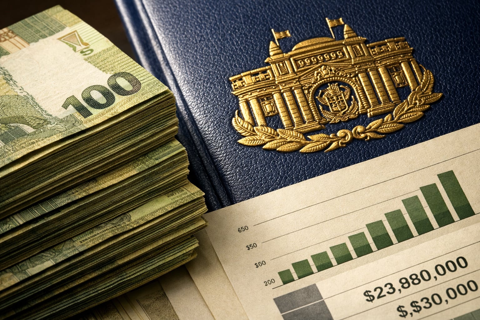 Una carpeta del Congreso de la República del Perú, junto a billetes peruanos y un gráfico, señala el concepto de gasto extraordinario. (Imagen Ilustrativa Infobae)