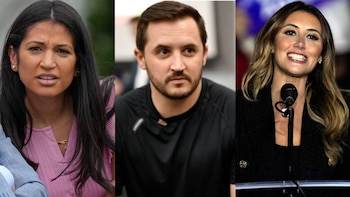 Tres fotografías contiguas muestran a una mujer de cabello oscuro, a un hombre con barba y a una mujer sonriente frente a un micrófono