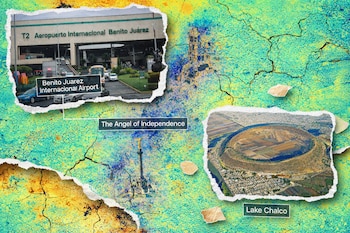 Collage digital vibrante: mapa satelital de Ciudad de México con recortes del Aeropuerto Internacional Benito Juárez, el Ángel de la Independencia y el Lago de Chalco seco.