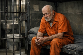 Adulto mayor de barba blanca con uniforme naranja sentado en la cama de una celda de prisión, con barrotes de metal y un inodoro visible al fondo.