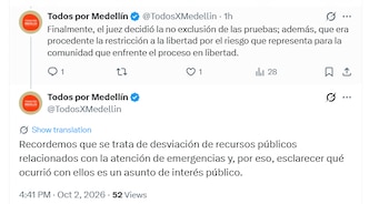 La veeduría indicó que la Fiscalía argumentó posibles riesgos de obstrucción de la justicia y para la comunidad, además de mencionar que Quintero habría permanecido 214 días fuera del país entre 2023 y 2024 - crédito @TodosXMedellin/X