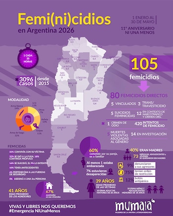 Infografía morada y amarilla sobre femicidios en Argentina 2026, mostrando un mapa provincial, estadísticas de 105 femicidios y 3096 casos desde 2015, y datos sobre víctimas y agresores