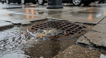 Imagen de una alcantarilla de rejilla metálica redonda en el suelo de una acera con agua oscura y turbia fluyendo hacia la calle.