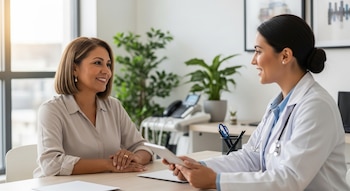 Una mujer latina de unos 50 años sonríe mientras habla con una doctora joven en una oficina médica luminosa con plantas y una ventana.