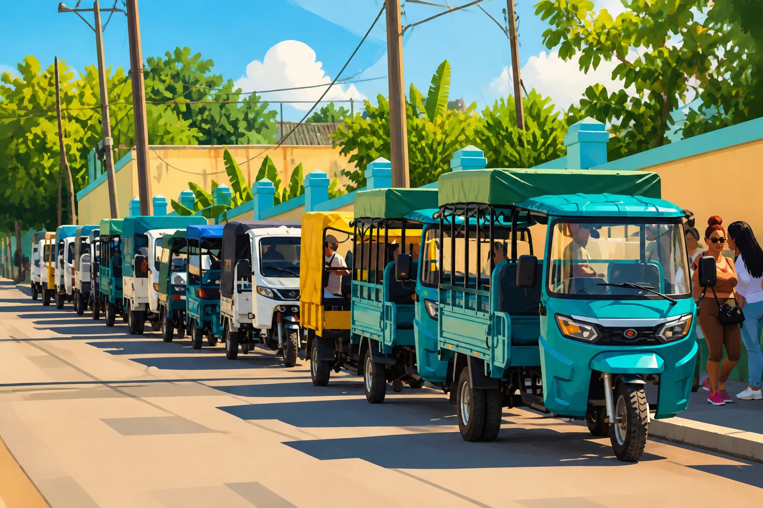 Una fila de mototaxis de diversos colores permanece estacionada en la orilla de una calle mientras varios peatones caminan por la acera. (Imagen Ilustrativa Infobae)