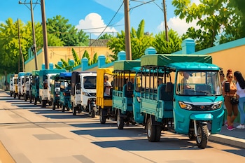 Varios mototaxis de tres ruedas alineados en una calle junto a una cerca amarilla, postes de luz y personas en la acera.