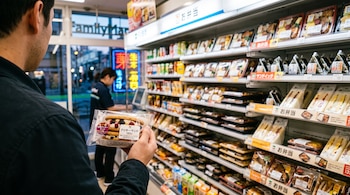 Un hombre sostiene un dulce empaquetado frente a estanterías con sándwiches y platos preparados dentro de un comercio iluminado.