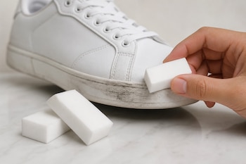 Una mano sostiene una goma blanca sobre la suela sucia de un tenis blanco, junto a dos bloques de goma sobre una superficie de mármol.