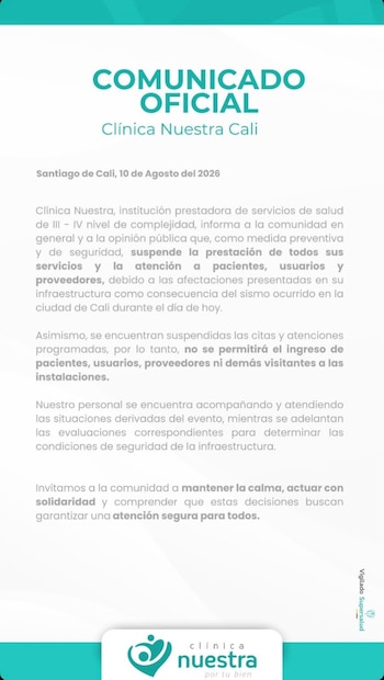 La Clínica Nuestra Cali suspendió toda la atención y restringió el ingreso por los daños en su infraestructura - crédito suministrado a Infobae Colombia