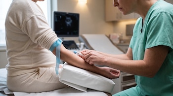 Una sanitaria toma una muestra de sangre del brazo de una mujer sentada con un torniquete azul, frente a un ecógrafo en una consulta médica.