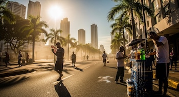 Una calle con hombres bajo el sol intenso, palmeras y edificios altos. Un hombre se abanica, otro se refresca y un vendedor ofrece bebidas frías.
