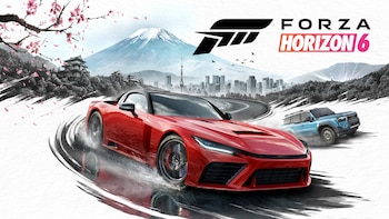 Coche deportivo rojo y SUV azul en carretera mojada. Fondo con Monte Fuji, edificios japoneses, cerezos en flor y logo Forza Horizon 6