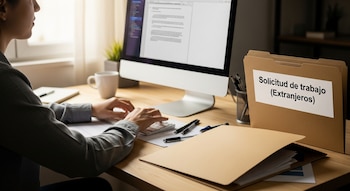 Una persona sentada frente a una computadora de escritorio con teclado y ratón, junto a una taza, un cuaderno, bolígrafos y una carpeta etiquetada "Solicitud de trabajo (Extranjeros)".