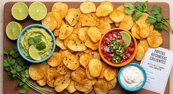Vista aérea de una tabla de madera con papitas crujientes, cuencos de guacamole, salsa y crema, rodajas de limón y cilantro fresco.