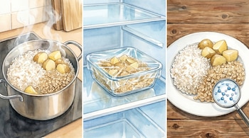 Tres imágenes: alimentos cocinándose, luego guardados en nevera, y servidos en plato sobre mesa con lupa y estructuras moleculares.