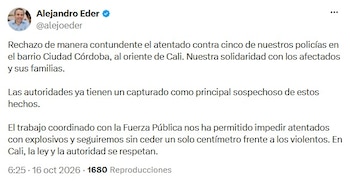 Alcalde de Cali rechazó nuevo ataque contra la fuerza pública en la ciudad - crédito @alejoeder/X