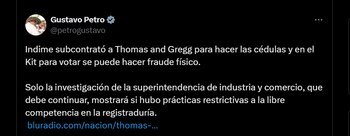 Publicación de Gustavo Petro sobre