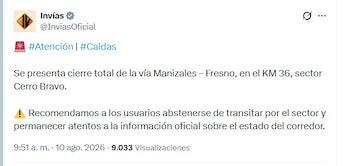 En Quindío, la vía Calarcá-Cajamarca quedó con paso a un carril en tres puntos afectados tras el sismo - crédito Invías