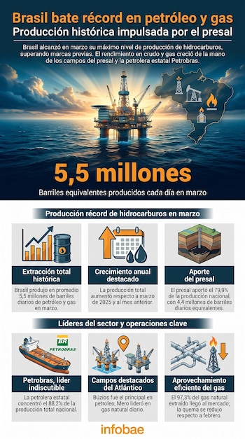 Infografía sobre la producción récord de petróleo y gas en Brasil. Muestra una plataforma petrolífera en el mar, un mapa de Brasil e iconos de producción.