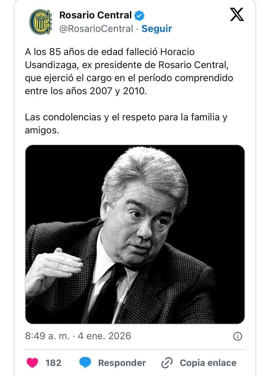 La noticia de su fallecimiento fue confiramada por el Club Atlético Rosario Central