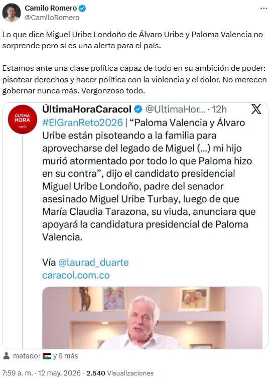 Camilo Romero advirtió sobre el uribismo: “Pisotean derechos por ambición de poder” - crédito @CamiloRomero/X