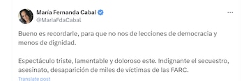 La senadora María Fernanda Cabal lanzó dura crítica a Sandra Ramírez y recordó su pasado guerrillero - crédito @MariaFdaCabal/X