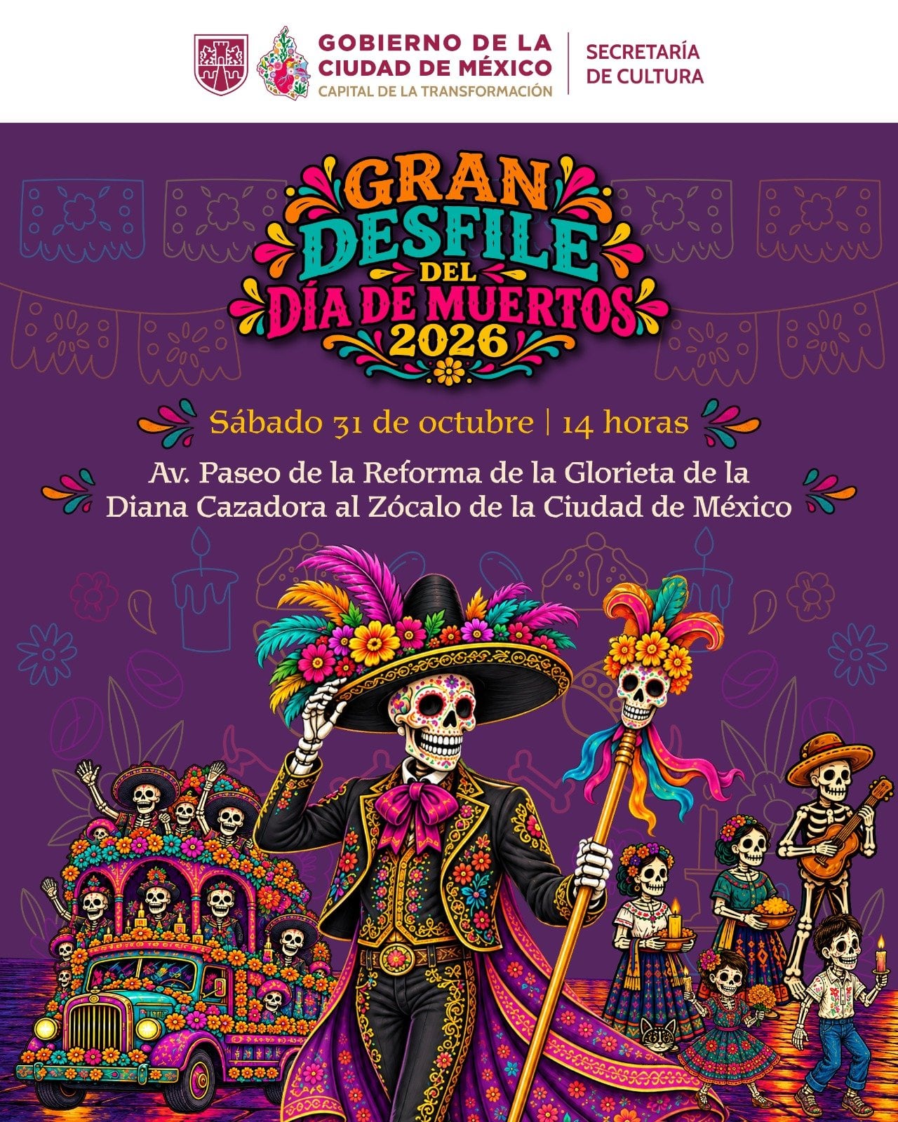 El Gran Desfile de Día de Muertos 2026 de la CDMX será el sábado 31 de octubre a las 14:00 horas en la Glorieta de la Diana Cazadora y concluirá en el Zócalo. (Gobierno de la Ciudad de México)