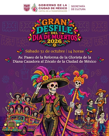 El Gran Desfile de Día de Muertos 2026 de la CDMX será el sábado 31 de octubre a las 14:00 horas en la Glorieta de la Diana Cazadora y concluirá en el Zócalo. (Gobierno de la Ciudad de México)