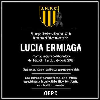 Comunicado de pésame del Jorge Newbery Football Club. Escudo amarillo y negro con cinta de luto negra. Texto blanco sobre fondo negro lamenta el fallecimiento de Lucía Ermiaga