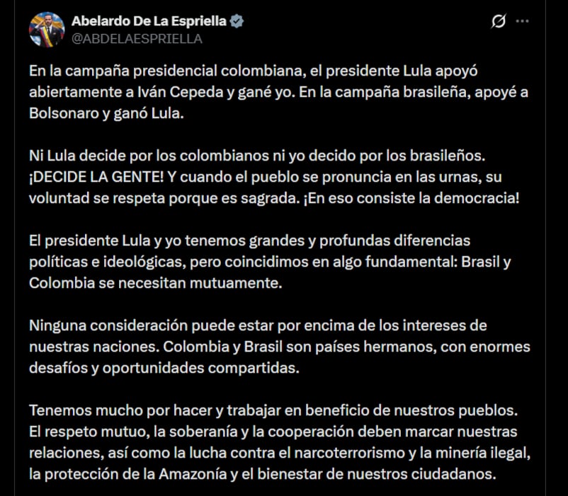 Abelardo de la Espriella afirmó que mantiene profundas diferencias políticas e ideológicas con Lula, pero precisó que Colombia y Brasil se necesitan mutuamente - crédito @ABDELAESPRIELLA/X