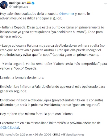 Rodrigo Lara acusó a encuestadoras de “inflar” a Iván Cepeda y advirtió obre manipulación en sondeos electorales - crédito @Rodrigo_Lara_/X