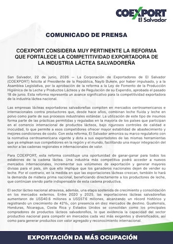COEXPORT considera muy pertinente la reforma que fortalece la competitividad exportadora de la industria láctea salvadoreña.