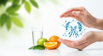Manos protegen un diagrama azul del sistema inmune. A la izquierda, una manzana verde, dos naranjas (una cortada) y un vaso de agua. Hojas verdes desenfocadas.
